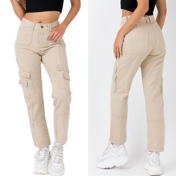 Lioness Stacey High Rise Cargo Pants Tan Beige Small - Picture 2 of 11